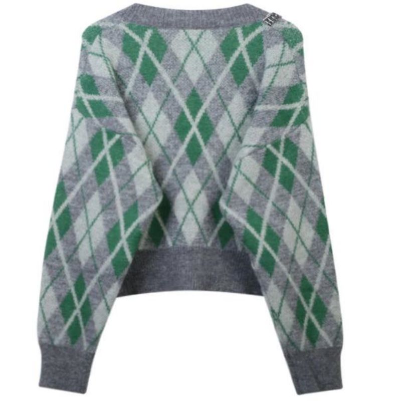 Argyle Jacquard πλεκτό Mohair Cardigan Sweater Women πλεκτά
