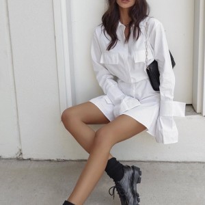 Γαλλικό λευκό φόρεμα με μέση και μανσέτες και μακριές καρτέλες για τις γυναίκες 2023 Νέα μέση σχεδίασης και στερεό χρώμα μακρύ μανί...