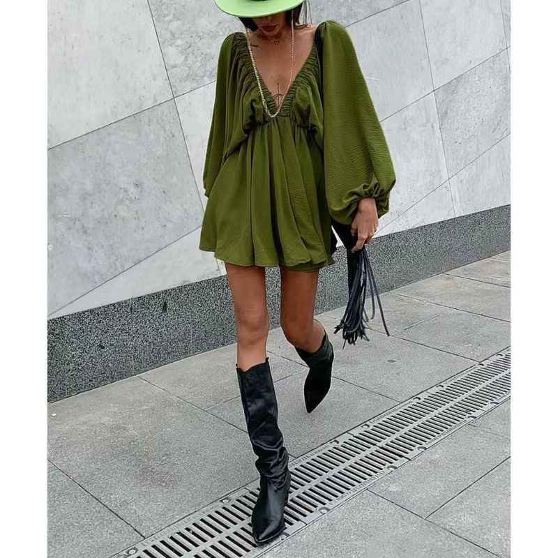 Ρετρό σχεδιασμό casual wind v-neck στερεό χρώμα μπλούζα φθινόπωρο νέο φανάρι μανίκι Υψηλή μέση φόρεμα φόρεμα φόρεμα