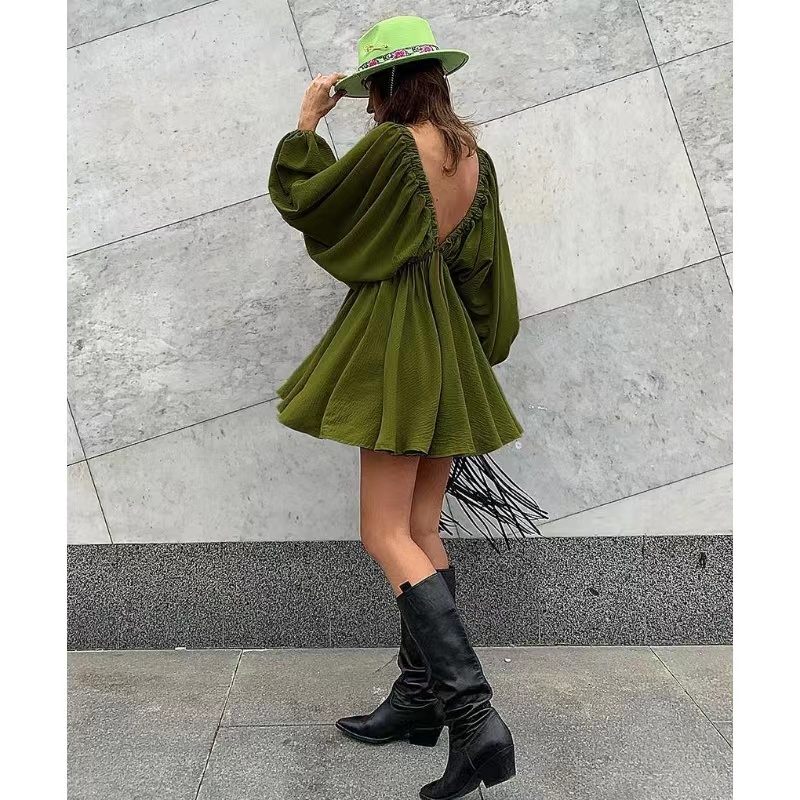 Ρετρό σχεδιασμό casual wind v-neck στερεό χρώμα μπλούζα φθινόπωρο νέο φανάρι μανίκι Υψηλή μέση φόρεμα φόρεμα φόρεμα