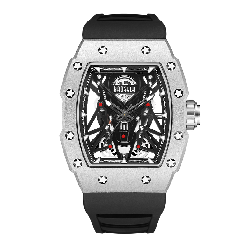 Baogela ασημένιο μαύρο άθλημα χαλαζία ρολόι για τους άνδρες tonneau dial αναλογικό αδιάβροχο ρολόι με ιμάντα σιλικόνης φωτεινά χέρια 4145