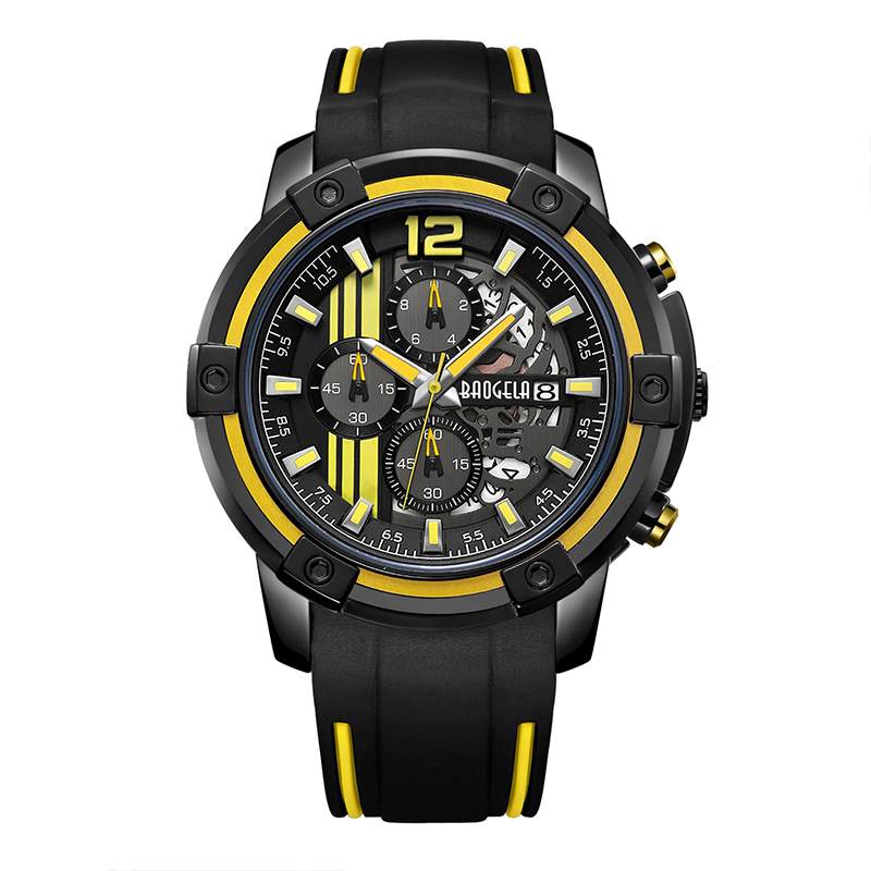 Baogel Men \\ Black Silicone Strap Quartz ρολόγια Χρονογραφία αθλητικών ρολογιών για το Man 3ATM Αδιάβροχη φωτεινά χέρια κίτρινα 22701