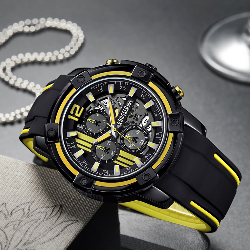 Baogel Men \\ Black Silicone Strap Quartz ρολόγια Χρονογραφία αθλητικών ρολογιών για το Man 3ATM Αδιάβροχη φωτεινά χέρια κίτρινα 22701