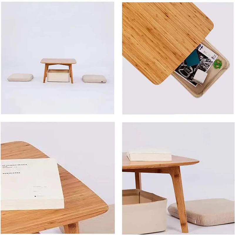 Ένα χαμηλό τραπέζι τσαγιού κάθεται στο πάτωμα ενός τετραγωνικού τραπεζιού Tatami Bamboo Furniture