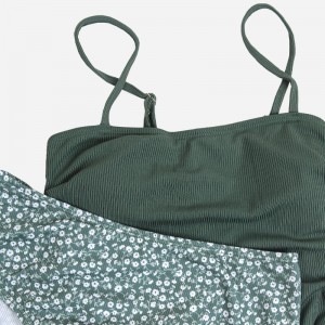 RIB RUCHED PRINSTRING TOP&Ditsy Floral High Waist Tankini Set