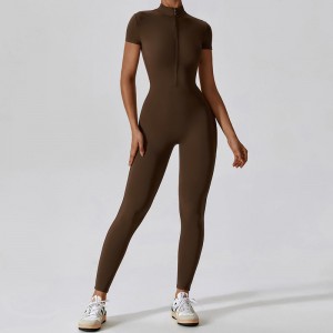SC1075 One Piece Workout Yoga Jumpsuits Στερεό κοντό μανίκι μισό φερμουάρ γυμναστήριο