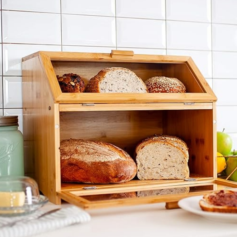 Bamboo Bread Box For Counter Kitchen - Αποθήκευση ψωμιού διπλού στρώματος με καθαρά παράθυρα - ρουστίκ αγρόκτημα στυλ ψωμί ψωμιού