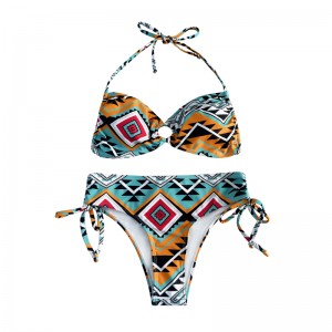 Ο Halter έβγαλε το Pleated Print Enthnic Style Mwimsuit Two-Piece