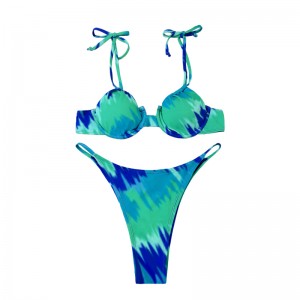 Δαντελώματα μέχρι το Halter Round Cup Cute Turquoise Print Split Split Swimsuit