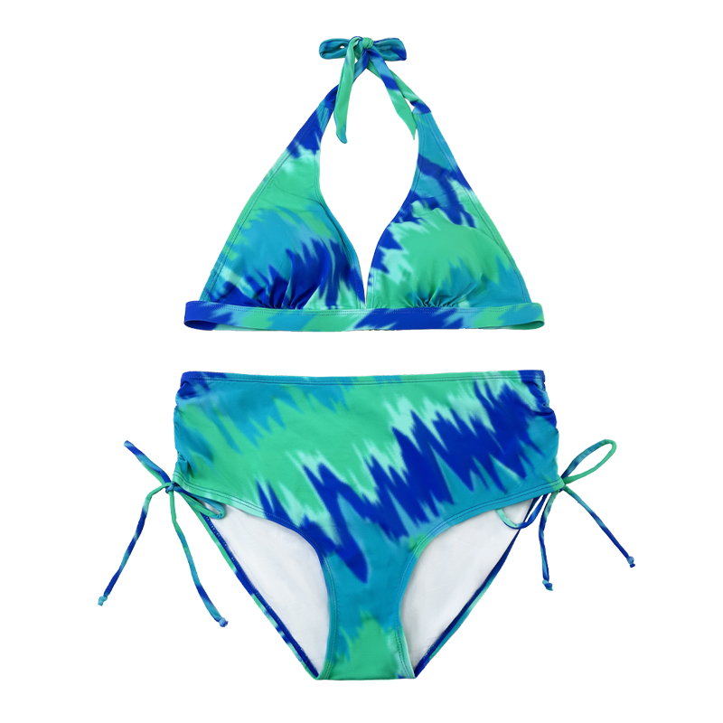 Teal Halter Strap Strap Swimsuit Pleated Bow Swim Shorts Printed Swimsuit