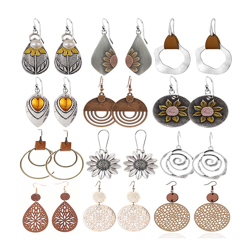 Hongde Boho Vintage γεωμετρικά στρογγυλά σκουλαρίκια Ξύλινα δερμάτινα σκουλαρίκια Ethnic στυλ Vintage σκουλαρίκια ηλίανθου Χριστουγεννιάτικα σκουλαρίκια για γυναίκες