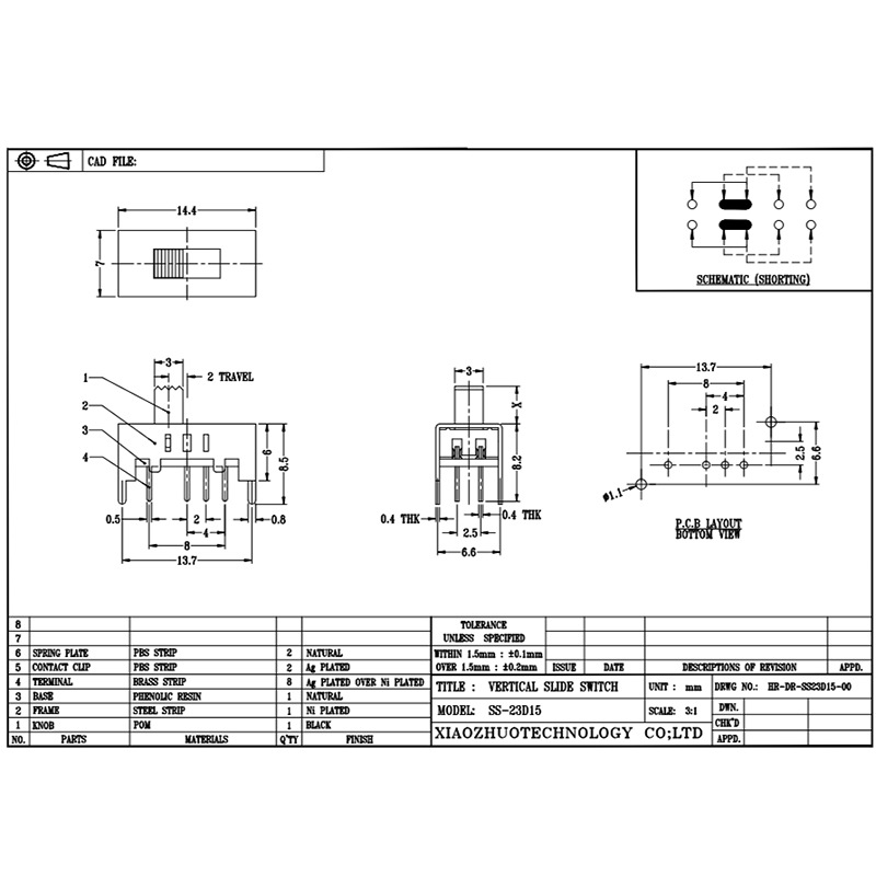 Slide Switch SS23D15 Flashlight Mini Toy Sliding Band Switch