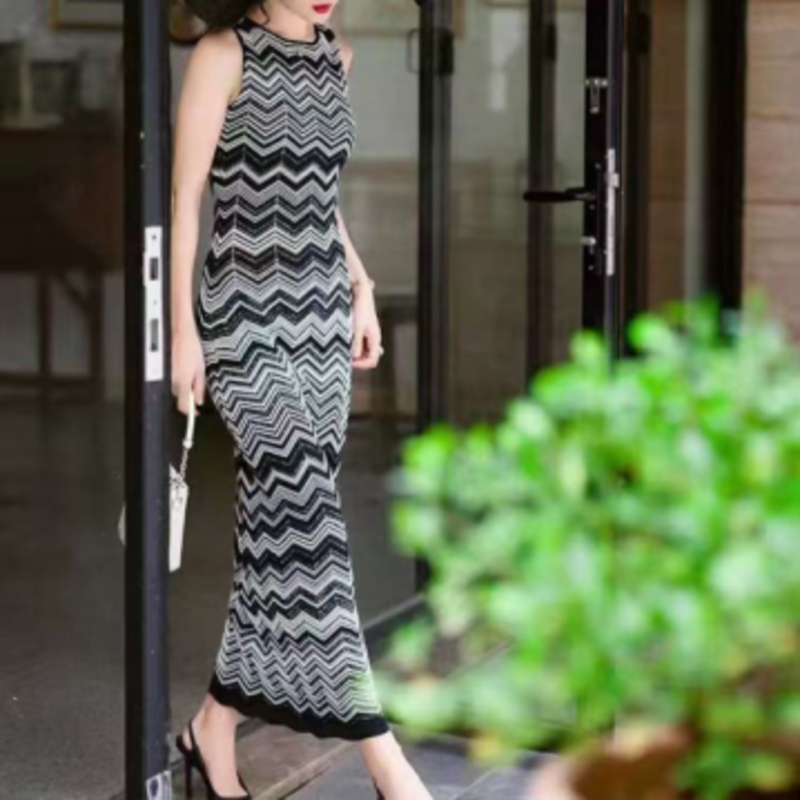 Καλοκαίρι πλεκτό στρογγυλό λαιμό μακρύ μανίκι Intercolor Cardigan, V-Αμάνικο λαιμό μακρύ πλεκτό ριγέ φόρεμα σετ