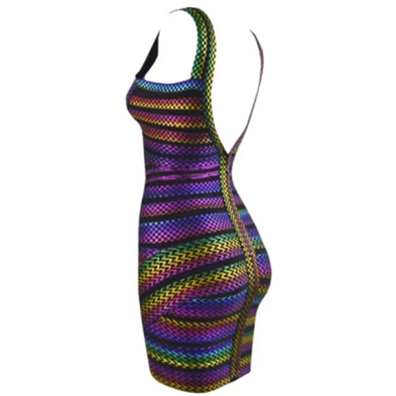 Καλοκαίρι v-ο λαιμός πολύχρωμες λωρίδες καουτσούκ ζώνη συγκολλήσεων σφιχτό πακέτο φορέματα ισχίου